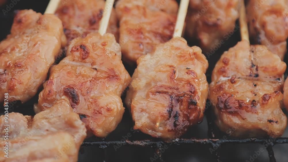 Pork, grilled pork, skewers, charcoal grill, Thai food Pork, grilled pork, skewers, charcoal grill, Thai food