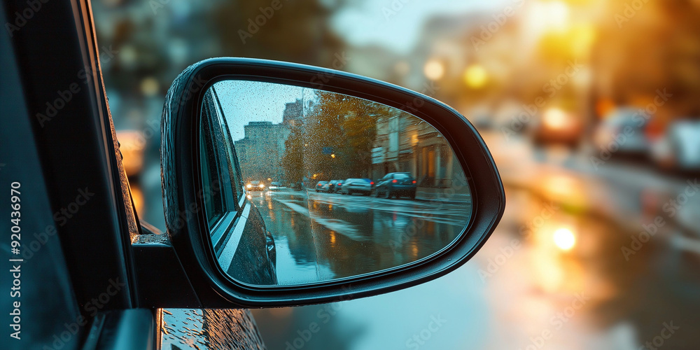 Rear view mirror of a car on street.
Rear view mirror of a car on street.