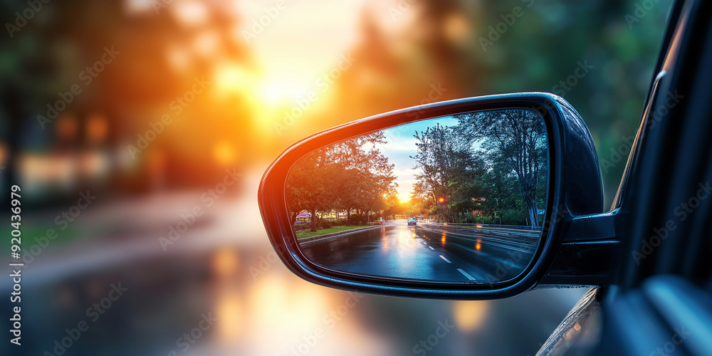 Rear view mirror of a car on street.
Rear view mirror of a car on street.