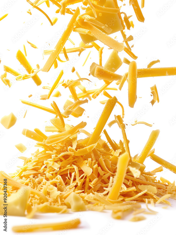 Close up of grated cheddar cheese falling and piling up on white background, capturing dynamic motion with cheese shreds in mid air. Vibrant yellow color of shredded cheese pieces. Ai generation Close up of grated cheddar cheese falling and piling up on white background, capturing dynamic motion with cheese shreds in mid air. Vibrant yellow color of shredded cheese pieces. Ai generation
