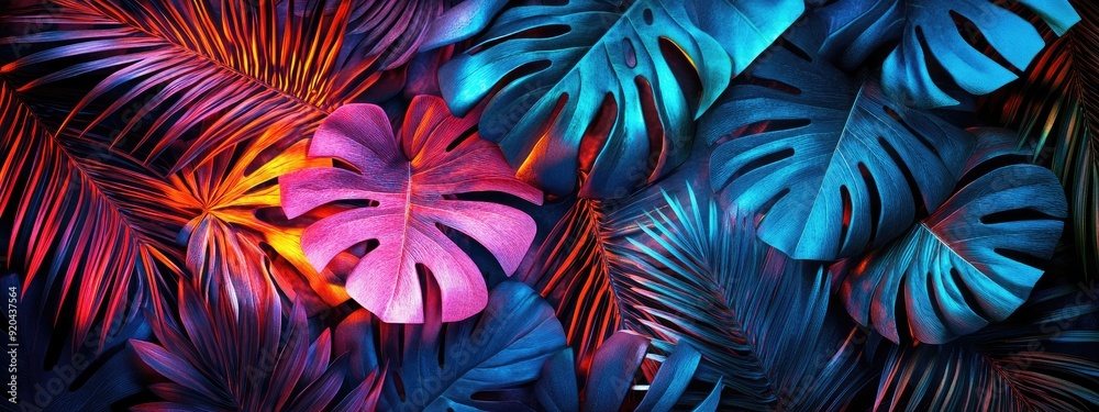 Tropical leaves illuminated by neon light. Tropical leaves illuminated by neon light.