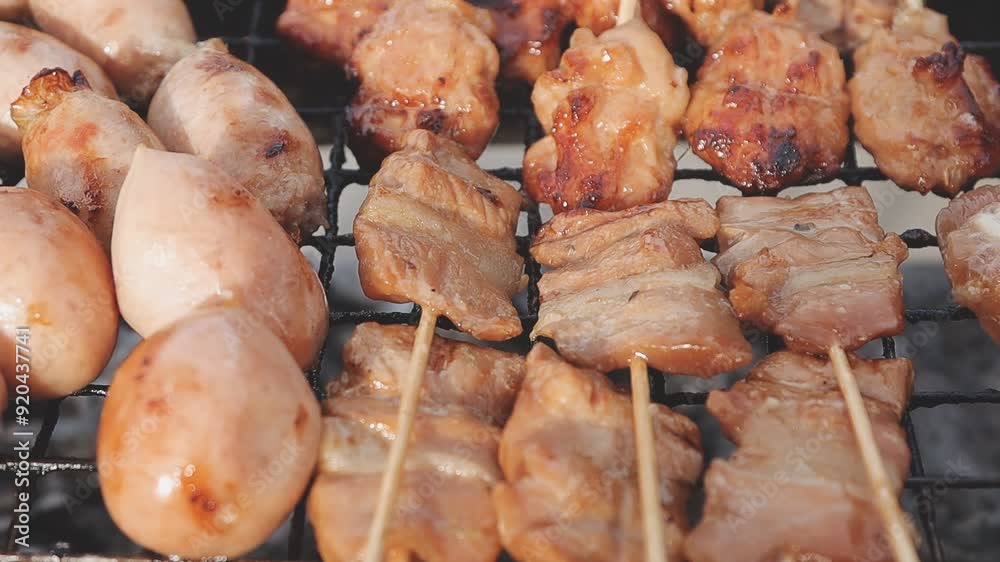 Pork, grilled pork, skewers, charcoal grill, Thai food Pork, grilled pork, skewers, charcoal grill, Thai food