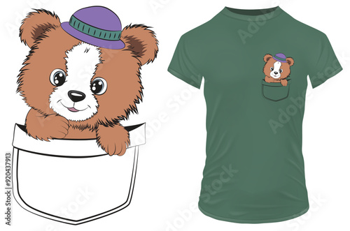 Cute baby bear in pocket. Hand drawn funny teddy bear vector illustration for tshirt, website, print, clip art, poster and print on demand merchandise.