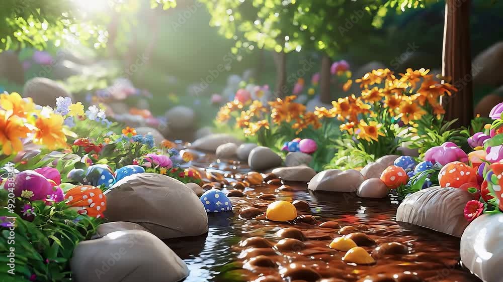 Chocolate river flowing through a candy garden.