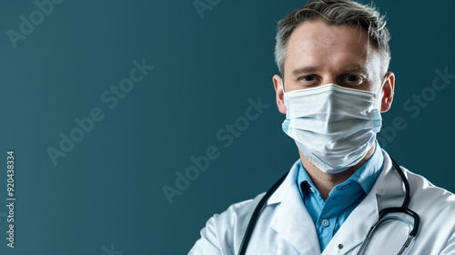 Portrait of doctor with surgical mask and stethoscope, Copy space for text