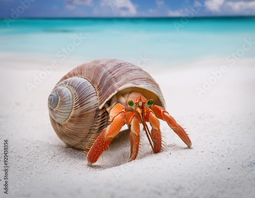 Bild auf Leinwand Close-up photo of a hermit crab walking on a white sand beach