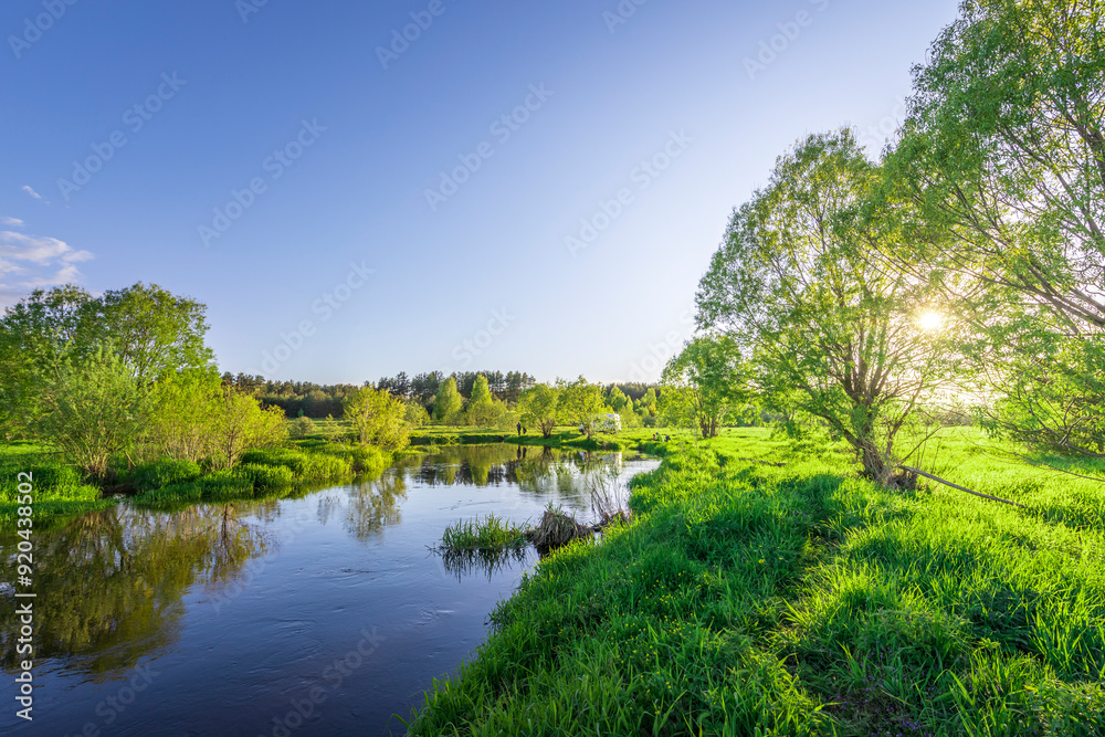 A peaceful scene of a river with trees in the background A peaceful scene of a river with trees in the background