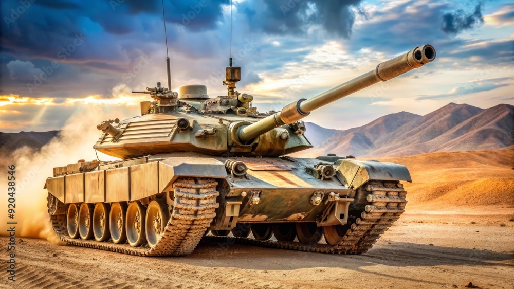 Military Tank Driving Through Desert at Sunset. Military Tank Driving Through Desert at Sunset.