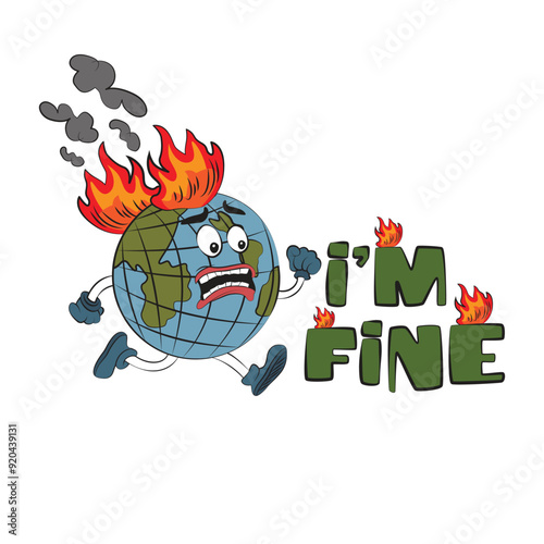 Earth Day. Happy Earth Day. I'm fine. World environmental pollution. Global warming. Globe on fire. Ecology concept funny vector illustration isolated on white background.