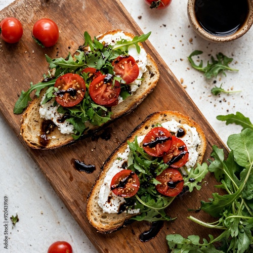 Slice of bread with cream cheese and salad on a board, white background, recipes, food photography, ingredients, nutrition photo