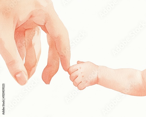 A touching moment of connection between an adult hand and a baby's hand symbolizing love and protection. watercolor style