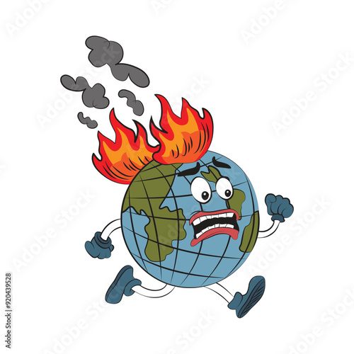 Earth Day. Happy Earth Day. Save nature. World environmental pollution. Global warming. Globe on fire. Ecology concept funny vector illustration isolated on white background.