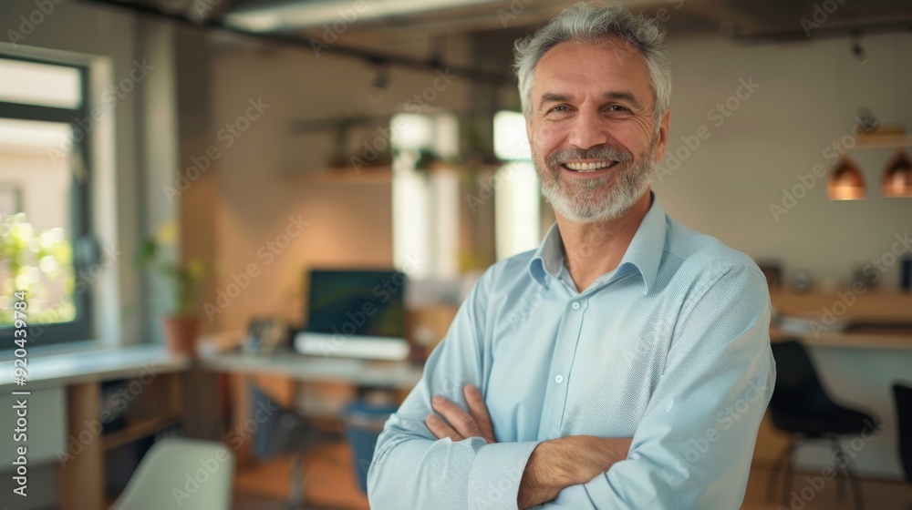 Smiling handsome businessman with crossed arms in modern office, middle-aged gray-haired man exuding confidence, business success concept. Smiling handsome businessman with crossed arms in modern office, middle-aged gray-haired man exuding confidence, business success concept.