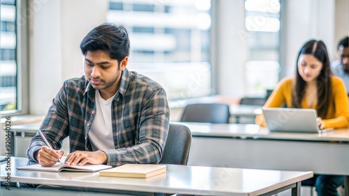 An Indian student studying at a desk in a bright, modern classroom with whiteboard and classroom supplies visible. 