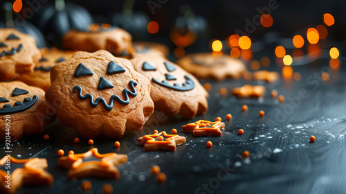 Sweets or nastiness. A cheerful Halloween cookie with faces painted on it lies on a black wooden table. The cookies are decorated with chocolate icing photo