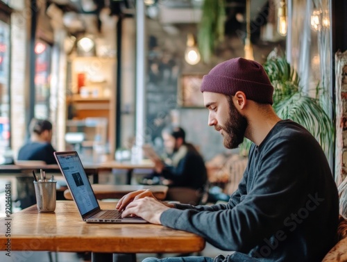 Man Working on Laptop in a Cafe