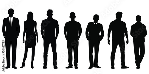 collection of different silhouette male and female body posing with business working suit, isolated vector