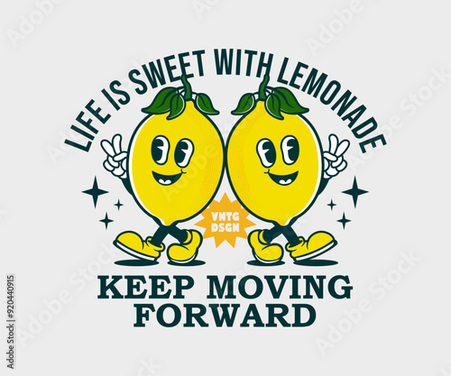 keep moving forward slogan with funny cartoon character of lemon. can be used as sticker, poster, t shirt design, print design. Retro cartoon style. Vector illustration