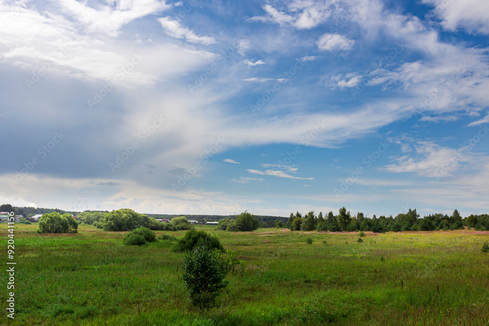 A vast meadow stretches beneath a clear blue sky, dotted with lush greenery and patches of trees, basking in the warmth of a bright sunny day. A vast meadow stretches beneath a clear blue sky, dotted with lush greenery and patches of trees, basking in the warmth of a bright sunny day.