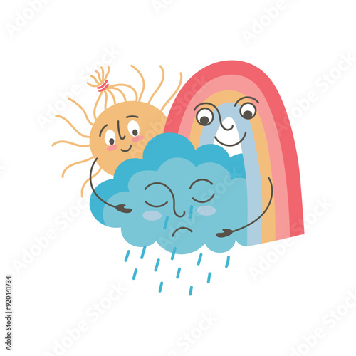 Cute Sun, Cloud and Rainbow characters in cartoon style isolated on white. The Sun and Rainbow hug a sad Cloud. The Cloud is crying with rain. Vector illustration for children in flat style.