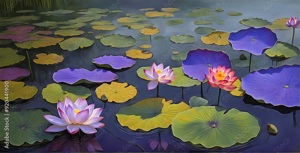 Pond landscape with lotus flowers and lotus leaves Pond landscape with lotus flowers and lotus leaves