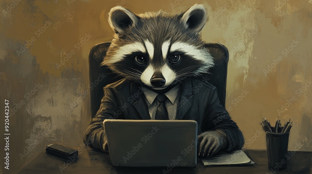 Desk Racoons Charming Raccoon in a Business Suit Sitting at a Desk Using a Laptop ...