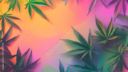 Marijuana leaves on a colorful background, close up top view on cannabis leaves and branches on colorful background for alternative medical and marketing design concept