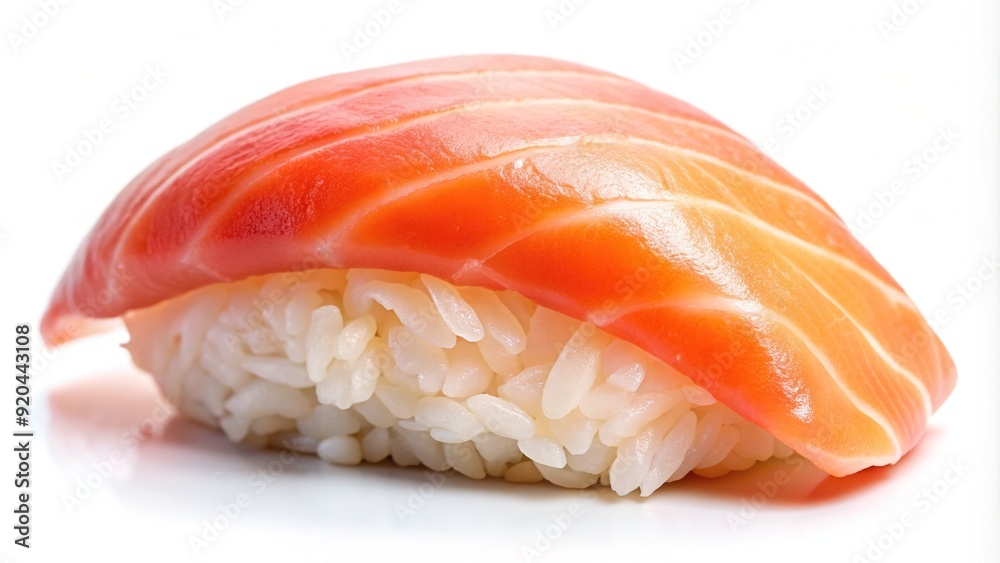 Freshly prepared delicate pink salmon nigiri sushi isolated on white background, showcasing vibrant color and intricate texture of the fish and rice. Freshly prepared delicate pink salmon nigiri sushi isolated on white background, showcasing vibrant color and intricate texture of the fish and rice.