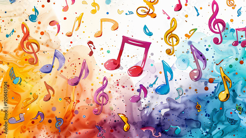 Vibrant Child-Friendly Fabric Design: Seamless Musical Notes and Treble Clefs in Harmonious Colors for Playful and Creative Wallpaper or Textile Art.