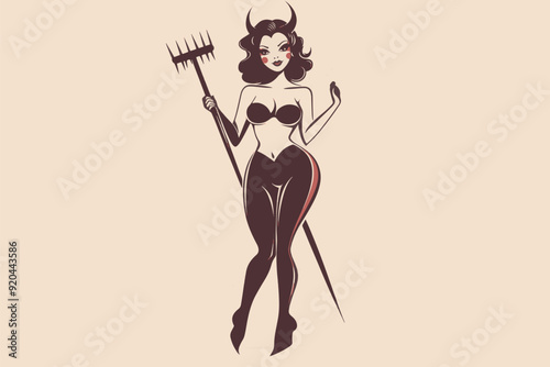 A vintage retro style sexy halloween devil woman with a pitch fork