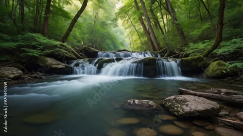 Waterfalls in forests animation. Capture the peaceful beauty with cascading water, dense trees, and a serene atmosphere. Experience the charm of waterfalls in forests in motion. photo