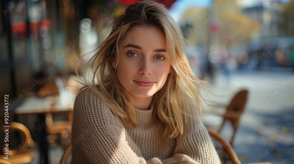A beautiful woman sitting in the coffee shop, smiling and looking at the camera A beautiful woman sitting in the coffee shop, smiling and looking at the camera