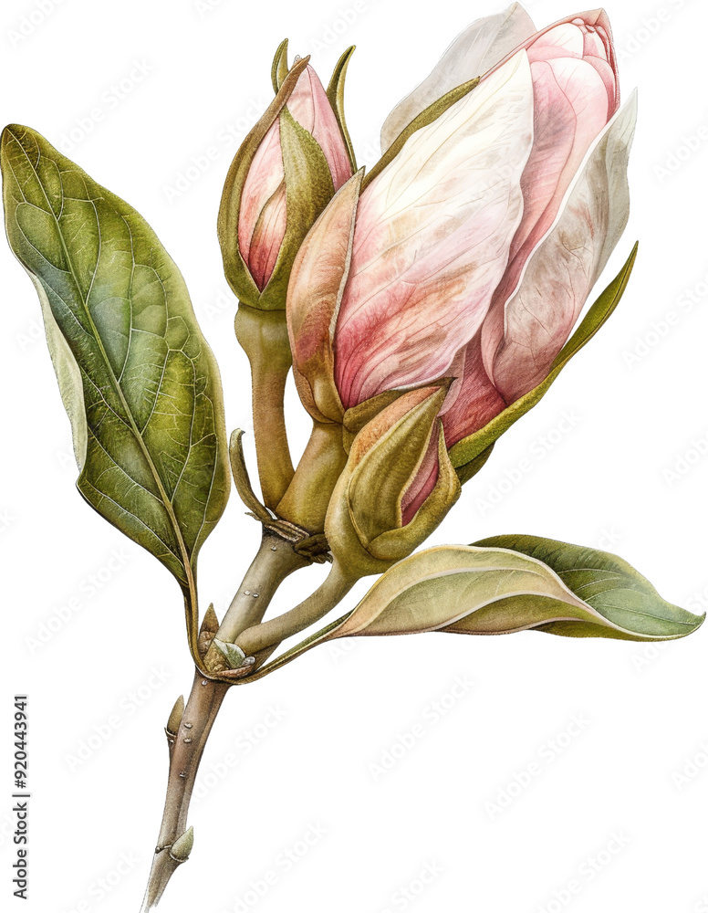 Fototapeta premium delicate pink magnolia bud blossom with green leaves watercolor illustration.