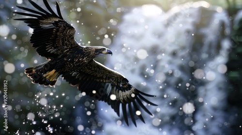 Eagle In Flight Over Waterfall photo