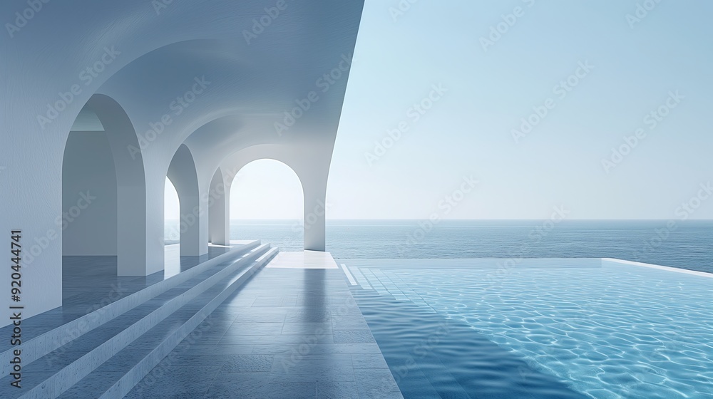 minimalist white architecture, a swimming pool with blue water and stairs leading down to the sea minimalist white architecture, a swimming pool with blue water and stairs leading down to the sea