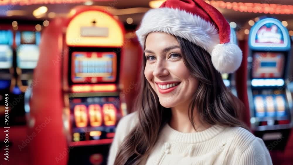 A smiling young woman with christmas hat stands in a brightly lit casino. She's standing in a casino room waiting to gambling, with slot machines glowing in a christmas atmosphere. A smiling young woman with christmas hat stands in a brightly lit casino. She's standing in a casino room waiting to gambling, with slot machines glowing in a christmas atmosphere.