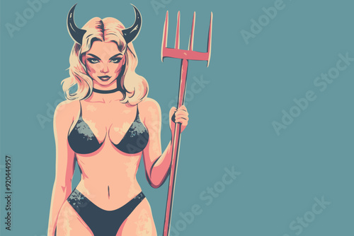 A vintage retro style sexy halloween devil woman with a pitch fork