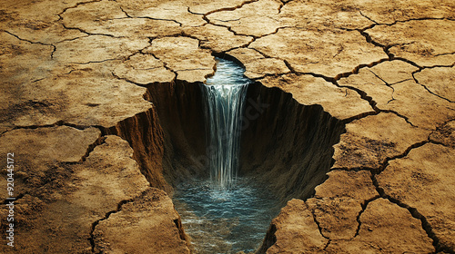 waterfall inside desert dry cracked land, contract surreal concept photo