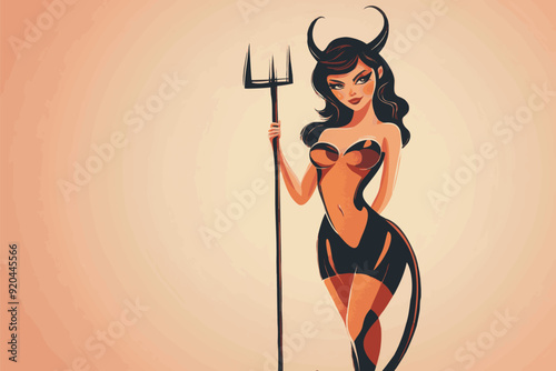 A vintage retro style sexy halloween devil woman with a pitch fork