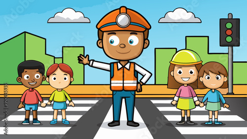 flagger and kids crossing vector art illustration