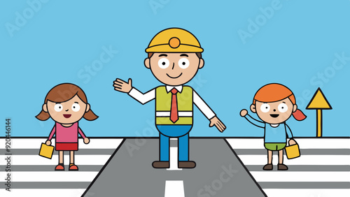 flagger and kids crossing vector art illustration