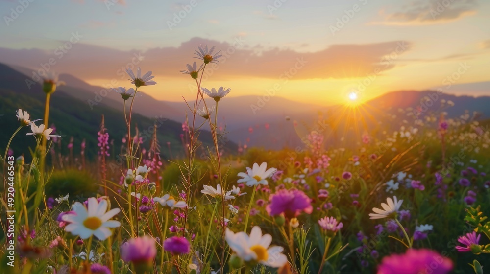 Fototapeta premium Sunrise over mountain meadow with wildflowers