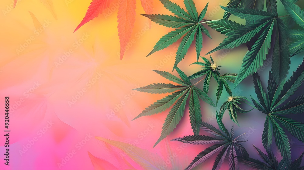 Marijuana leaves on a colorful background, close up top view on cannabis leaves and branches on colorful background for alternative medical and marketing design concept Marijuana leaves on a colorful background, close up top view on cannabis leaves and branches on colorful background for alternative medical and marketing design concept