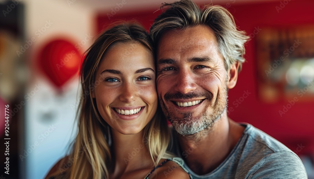 Banner for Valentine's Day with happy young couple and balloons on red background Banner for Valentine's Day with happy young couple and balloons on red background