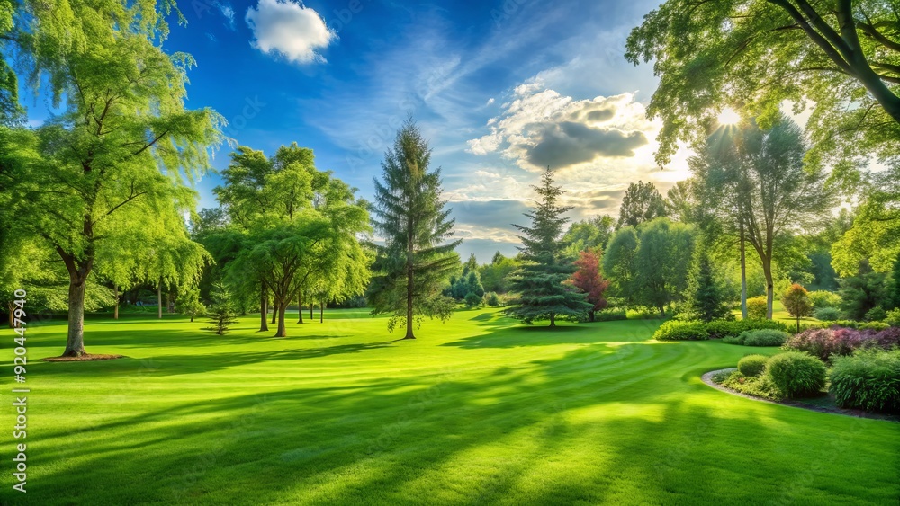 A bright green lawn with a subtle texture, picturesque trees, and a serene atmosphere, perfect for outdoor recreation, relaxation, or summertime activities illustration. A bright green lawn with a subtle texture, picturesque trees, and a serene atmosphere, perfect for outdoor recreation, relaxation, or summertime activities illustration.
