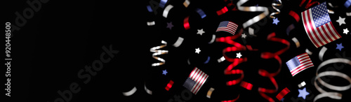 Vibrant image of American flag-themed confetti falling against a dark background, perfect for festive occasions like Independence Day, Memorial Day, or political events. Banner with copy space. 3D. photo