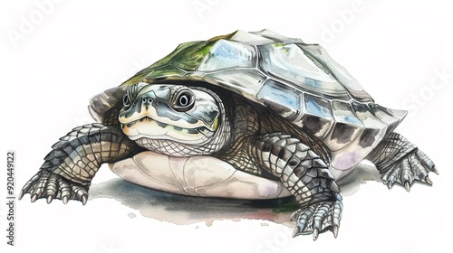 Diamondback terrapin exploring its habitat,Clipart, watercolor illustration, Perfect for nursery art The style is hand  drawn, white background