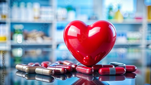 A close-up of a handful of cholesterol-lowering medication pills, with a blurred background of a doctor's office or pharmacy, representing heart health treatment. photo