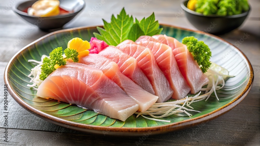 Freshly sliced amberjack sashimi arranged artfully on a plate, its pinkish-white flesh glistening with subtle shine, boasting rich flavors and succulent texture. Freshly sliced amberjack sashimi arranged artfully on a plate, its pinkish-white flesh glistening with subtle shine, boasting rich flavors and succulent texture.