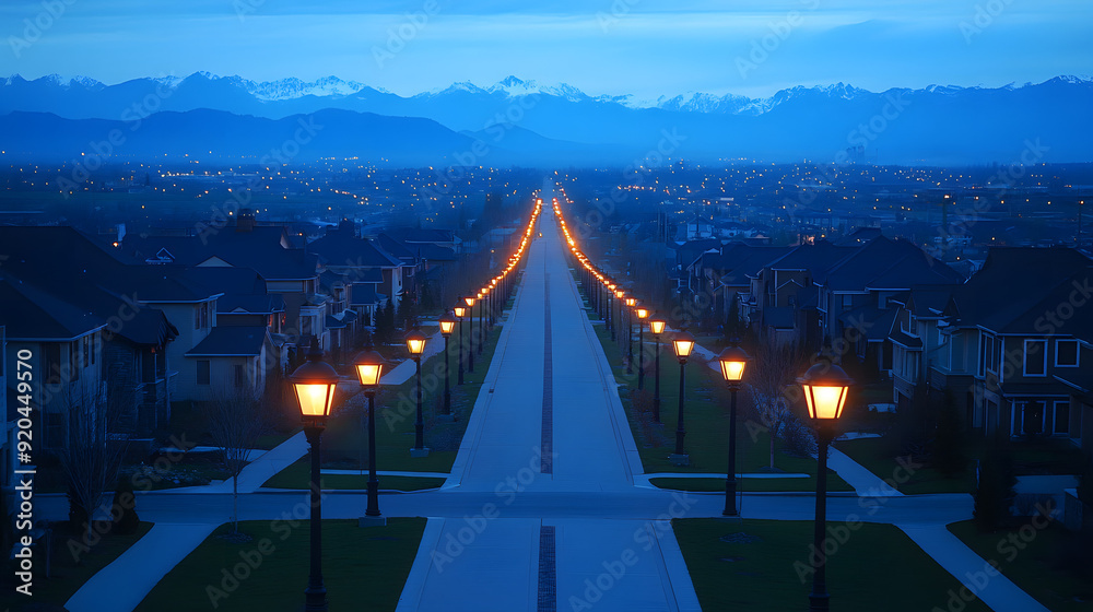 Fototapeta premium Scenic Dusk View of a New Neighborhood with Solar-Powered Streetlights Lighting Up newly Paved Sidewalks.